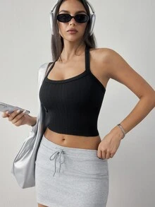 SHEIN Dewbera Women's Solid Color Cropped Halter Neck Tank Top For Daily Fitness And Sports - Black - View 3