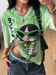 Coolane THE POWERPUFF GIRLS X SHEIN Plus Size Cartoon Print Contrast Color Short Sleeve Mesh T-Shirt - Multicolor - View 5