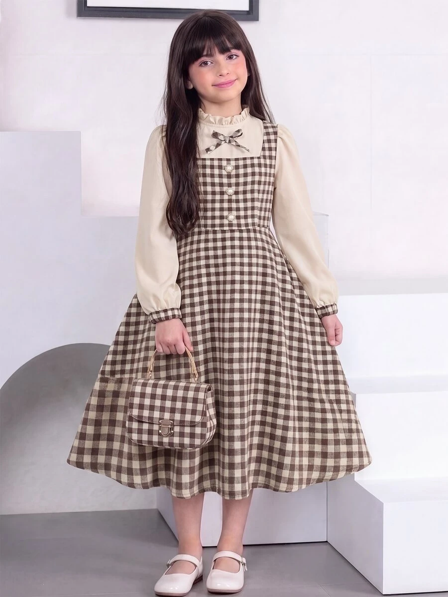 Tween女孩長袖格紋收腰蝴蝶結誇張領長洋裝,秋季款 - 卡其色 - 查看 1