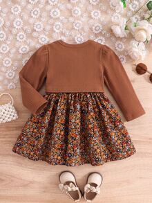 SHEIN Babygirl Cute Ditsy Floral Spaghetti Strap Dress & Knit Brown Cardigan Set - Red - View 2