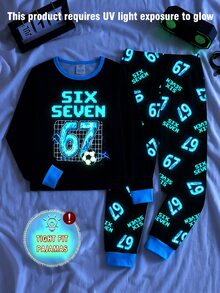 大童男孩秋季新款 UV 手電筒感光數位遊戲 67 圖案印花圓領上衣搭配滿版印花長褲長袖修身 2 件套家居服 - 黑色 - 查看 2