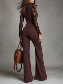 SHEIN Maillard Lapel Half-Button Jumpsuit For Women, Lace Patchwork Long Sleeve Ribbed Slim Fit Flare Leg Vintage One-Piece Pants - Coffee Brown - View 3
