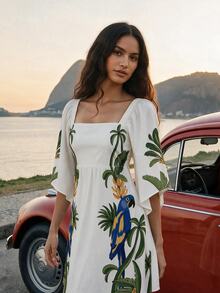 CAJUNI Short-Sleeve Dress With Tropical Macaw And Toucan Print - Multicolor - View 4
