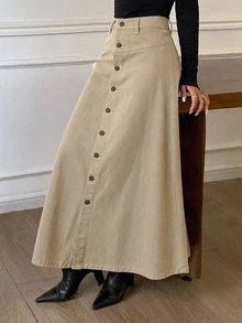 DAZY Women's Single-Breasted Decorative Long A-Line Denim Skirt, Casual Urban Style - Khaki - View 4