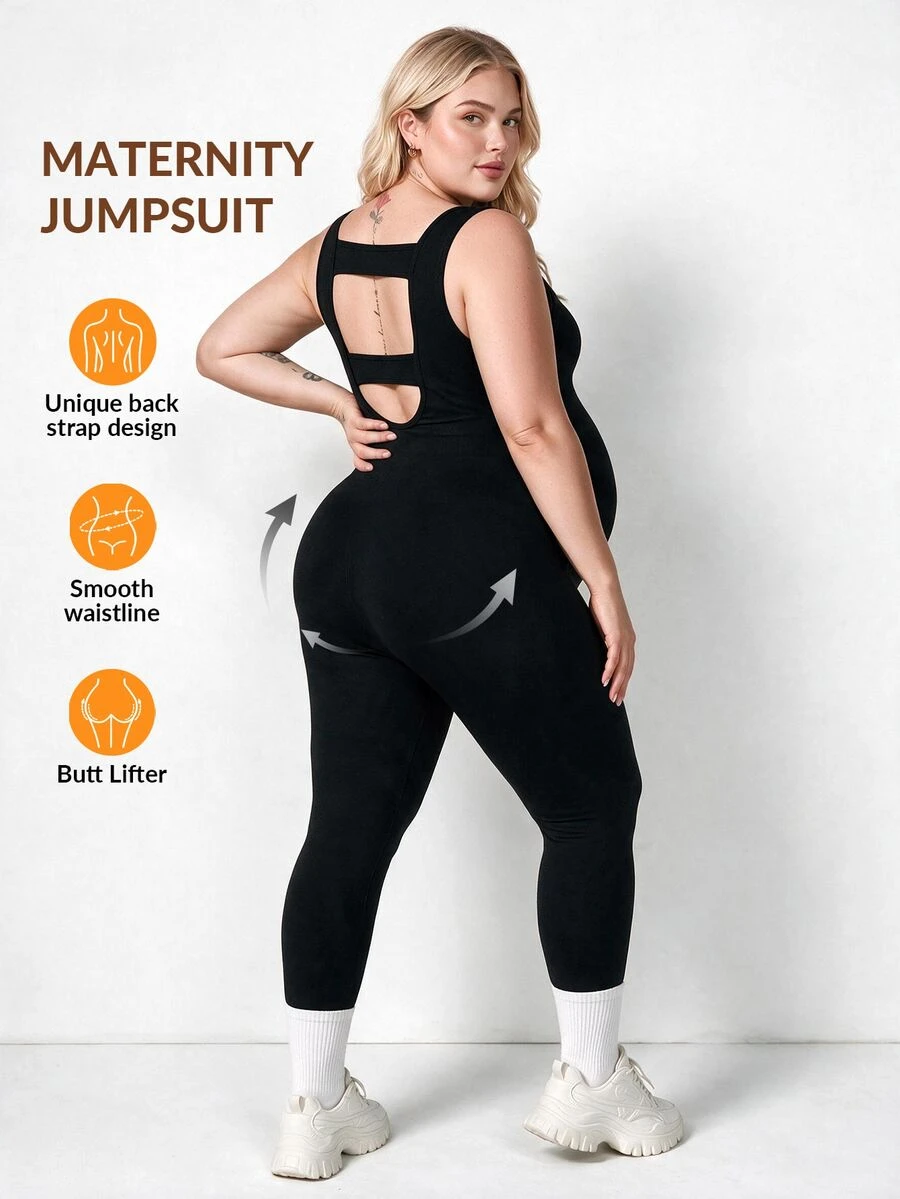 Plussiva Plus Size Maternity Wide Strap Backless Sports Top - Black - View 1