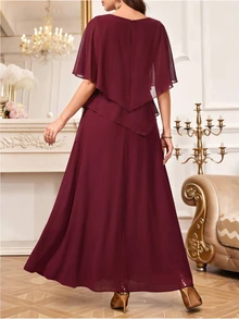 Amorya Women's Elegant Solid Color Round Neck Pullover Cape Sleeve Long Dress - Burgundy - View 3
