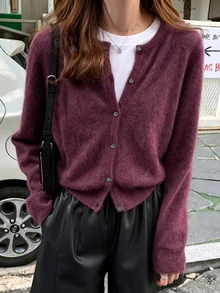 INAWLY 女款素色休閒百搭日常外出開襟衫 - 中紫紅色 - 查看 1