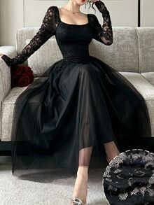 Modelyn French Square Neck Lace Patchwork Long Sleeve Slim Fit Flattering Mesh Elegant Evening Dress For Women - Black - View 4