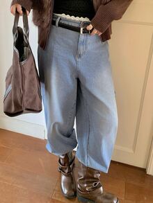 Dazy Plus Vintage Casual 80s Washed Denim Lace Patchwork Waistband Distressed Design All-Season Jeans Club Beach Light Blue - Light Wash - View 3
