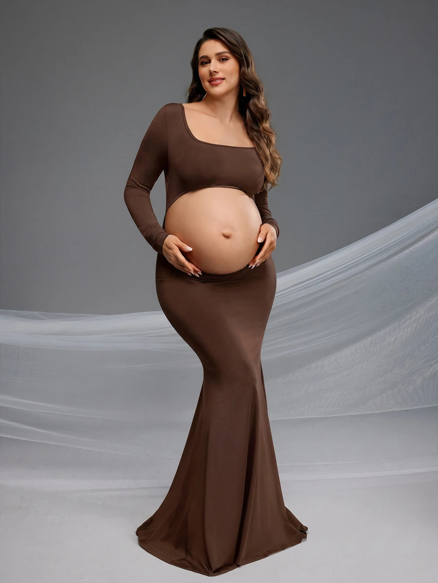 Cheriluna Maternity فستان حمل بلون موحد بياقة مربعة وأكمام طويلة وتصميم فتحات وذيل حورية البحر - بني داكن - مشاهدة 1