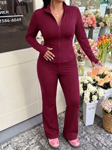 Solflare Plus Size Casual Lightweight Yoga Elastic Jacket & Flare Pants 2 Pieces Set - Burgundy - View 4
