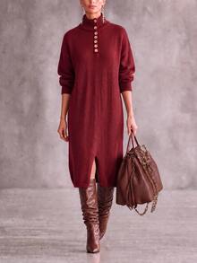 LUMIGAL Women's Solid Color Split Design Casual Party Knit Dress - Burgundy - View 1