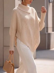SHEIN Women's Asymmetric Design Single-Sided Button Decor Cape Batwing Sleeve High Neck Long Sleeve Ribbed Knit Sweater, Fashionable And Elegant, Suitable For Daily Commute, Dating, Shopping - Khaki - View 8