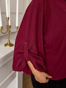 EastFlair Plus Size Women's Casual Top With Frog Button Placket And Rolled Cuffs - Burgundy - View 6