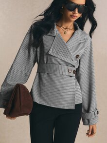 Poéselle 女款格紋立領單排扣長袖休閒風衣外套 - 黑與白 - 查看 3