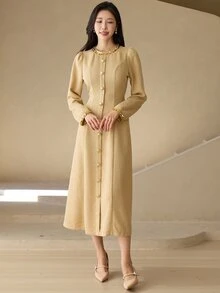DAZY Women's Elegant Sequin Button Long Sleeve Dress For Evening Party - Khaki - View 6