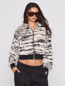 MUSERA Zebra Printed Fluffy Logo Embroidered Hooded Cropped Jacket Autumn Winter Fall Coolgirl Holiday Everyday Roadside Renegade - Black and White - View 1