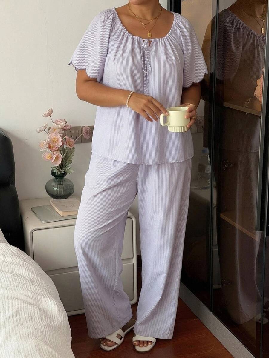 Dazy Plus Purple Casual Long Pants 2pcs Set Homewear Spring Summer Autumn New Pajama Set - Purple - View 1