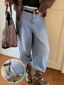Dazy Plus Vintage Casual 80s Washed Denim Lace Patchwork Waistband Distressed Design All-Season Jeans Club Beach Light Blue - Light Wash - View 1