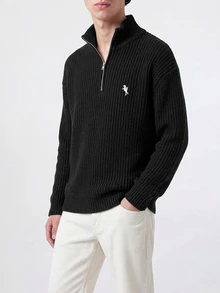 Manfinity Homme Men's Fall Embroidered Minimalist All-Match Casual Daily Wear Design Dropped Shoulder Fitted Long Sleeve Versatile Sweater Pullover Vacation Airport Black - Black - View 5