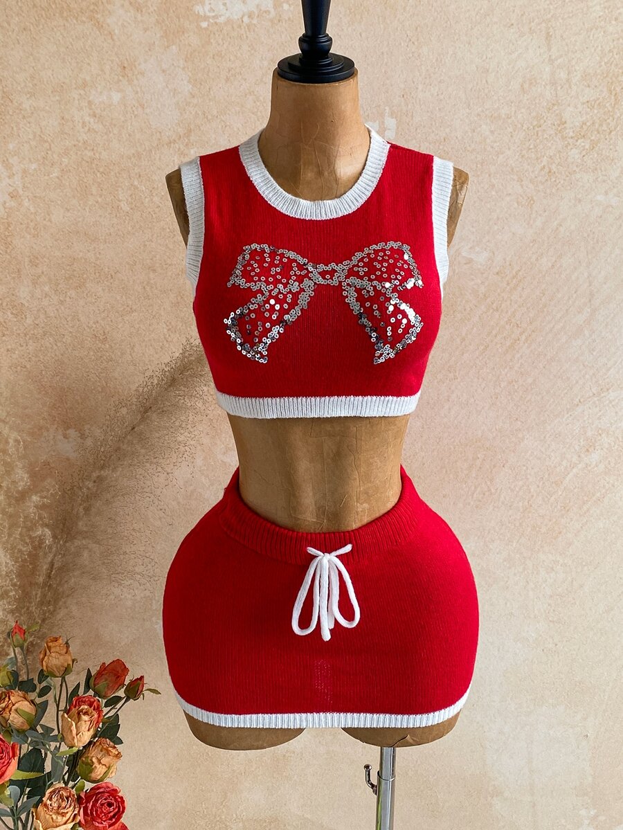 Soleia Women's Bow Pattern Top And Mini Skirt Fashion Knit Two Pieces Set - Red - View 1