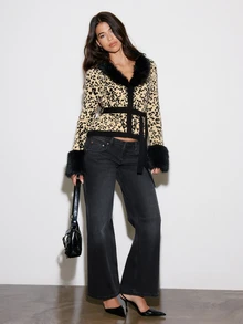 BAD SUNDAY Women's V-Neck Leopard Print Patchwork Fur Collar Knitted Cardigan, Autumn/Winter, Y2K Retro Style - Multicolor - View 3