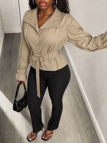 BamGleam Women's Solid Color Long Sleeve Single-Breasted Casual Trench Coat Jacket - Khaki - View 3