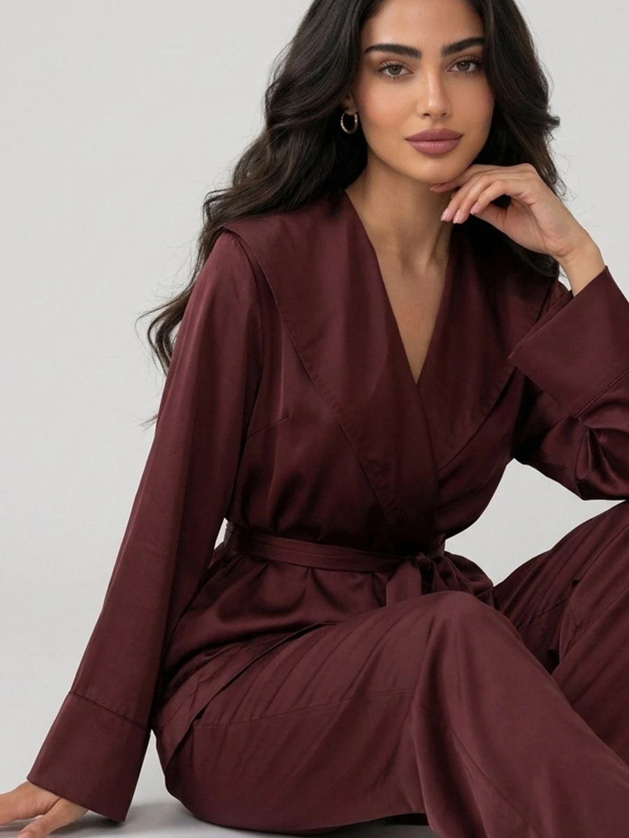 DAZY Women's Solid Color Long Sleeve Waist Knot Top And Long Pants Pajama Set - Brown - View 1