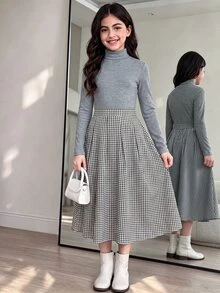 SHEIN Tween女孩 學院風千鳥格休閒百褶裙 - 黑與白 - 查看 7