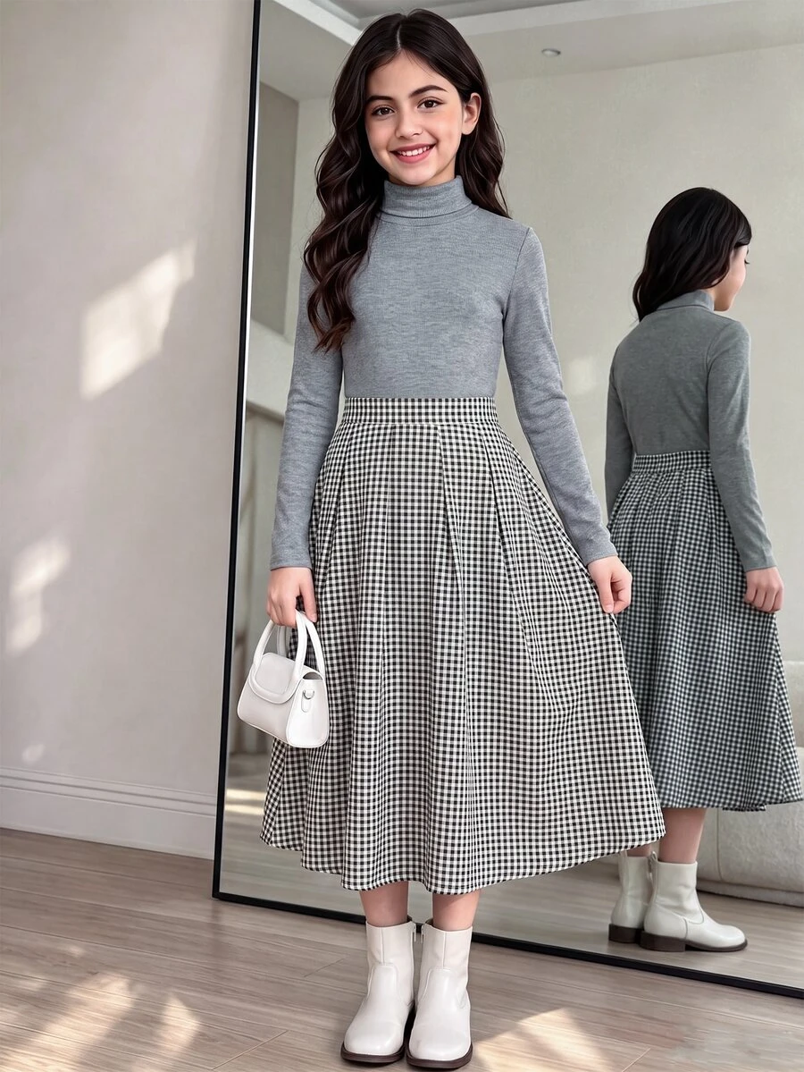 SHEIN تنورة مطوية كاجوال بنقشة هوندستوث بأسلوب بريبي للفتيات المراهقات - أبيض وأسود - مشاهدة 1