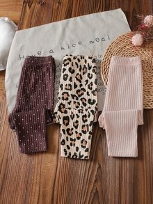 SHEIN Playful Pals 3件組幼兒女嬰羅紋緊身褲襪 可愛甜美 粉色酒紅米色 波點豹紋印花 生日派對 秋季萬聖節假期 修身款 - 彩色 - 查看 2
