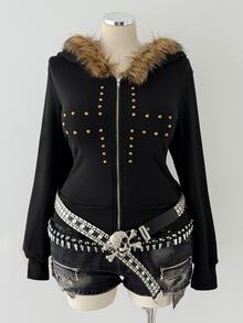 Sunspun Plus Size Women's Fashion Fur Collar Fitted Zip-Up Hooded Sweatshirt With Cross Winter - Black - View 4