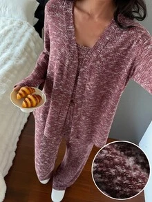 DAZY Women's Tie-Dye Long Sleeve Robe, Round Neck Tank Top And Pants Casual Pajama Set - Burgundy - View 4