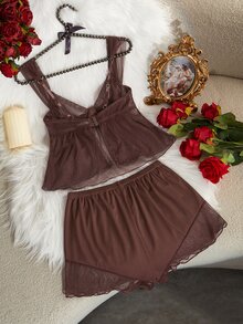 SHEIN 女款網紗鋼圈薄罩杯性感內衣套裝 情人節款 - 咖啡棕 - 查看 2