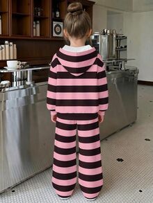 Teen Girl Letter Graphic Striped Hoodie And Pants Set - Multicolor - View 2
