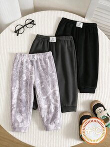 SHEIN 3件組男嬰秋冬裝飾編織標籤鬆緊腰長褲 迷彩慢跑褲 嬰兒基本款運動長褲 多件裝 - 彩色 - 查看 8