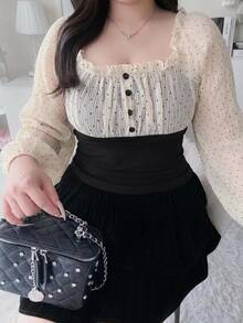 Dazy Plus Colorblock Patchwork Chiffon Polka Dot Sexy Korean Style Long Sleeve Design T-Shirt - Black - View 3