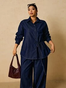 SHEIN MOD Setelan Denim Kasual Sehari-hari untuk Wanita Ukuran Plus, Atasan Lengan Panjang Kancing Tunggal dan Celana Panjang - Dark Wash - View 6