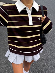 Muchica 大尺碼女款條紋騎士圖案休閒日常長袖T恤 - 彩色 - 查看 5