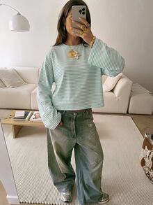 SHEIN EZwear 女款休閒寬鬆長袖T恤，秋季上衣，適合日常通勤、聚會、秋冬春夏、聖誕節、新年、感恩節、派對、婚禮、海灘、畢業典禮、優雅、外出、約會、通勤、情人節、優雅、度假、Y2K、畢業典禮等場合 - 彩色 - 查看 6