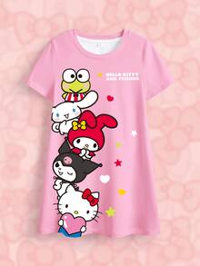 HELLO KITTY AND FRIENDS | SHEIN Young Girl Cute Multi-Character Group Print Pink Dress Full Pattern - White - View 6