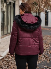 Reflora Plus Size Winter Zipper Pocket Long Sleeve Hooded Padded Coat - Burgundy - View 2