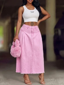 BriallanyX BriallanyX Women's Street Style Button Pocket Raw Hem Denim Skirt - Pink - View 6