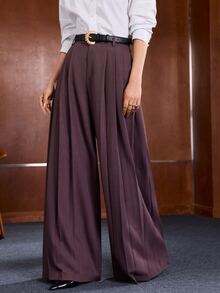 Anewsta Women's Spring/Autumn Elegant Commute Suit Fabric Multi-Pleated Wide Leg Gray Purple Suit Pants - Purple - View 5