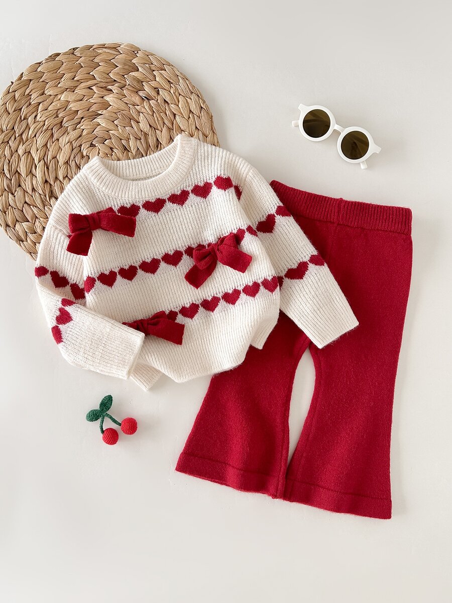 SHEIN Baby Girl Knitted 3D Bow & Heart Pattern Round Neck Sweater And Long Pants 2 Pieces Set, Suitable For Autumn And Winter Christmas - Red and White - View 1