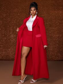 Maweii Plus Size Elegant Professional Suit Jacket And Skirt Set For Commuting - Burgundy - View 6