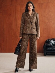 Anewsta Vintage Leopard Print Suit Set, Double-Breasted Wide Leg Pants, High-End 2 Pieces Set - Brown - View 6