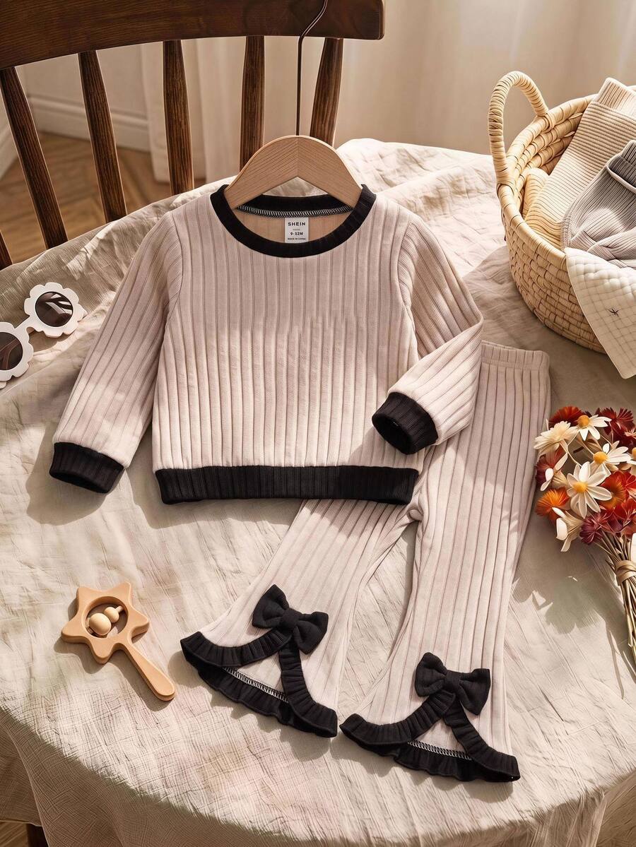 SHEIN Set Baju Rajut Kasual Warna-warni untuk Gadis Imut dan Celana Panjang Model Lebar dengan Pinggang Elastis - Krem - View 1