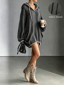 Trelyra Women's Casual Elegant Hooded Ribbed Fleece Long Sweatshirt, Beaded Contrast Color Design Casual Top - Dark Grey - View 3