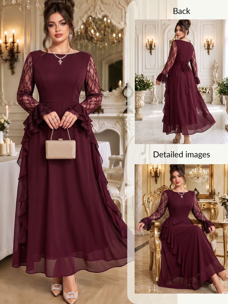 Roveilla Gaun Panjang Wanita Ukuran Besar Elegan Bergaya Vintage Romantis untuk Pesta Pernikahan, Bahan Chiffon Warna Polos, Leher Bulat, Lengan Berenda Kontras, Desain Ruffle, Musim Gugur/Dingin - Burgundy - View 1